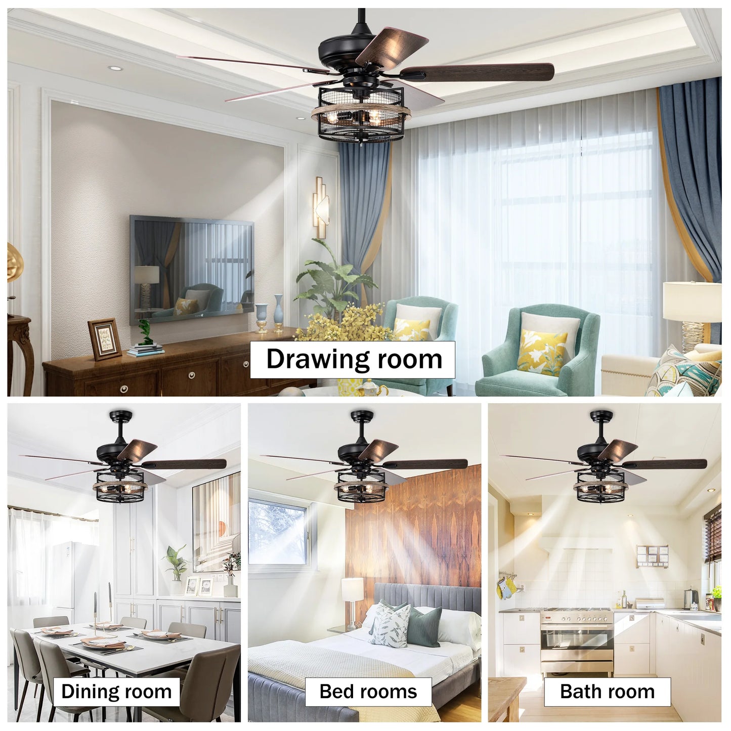 52 Inch Farmhouse Ceiling Fan with Remote,3-Lights Ceiling Fan with Light Fixture (No include Bulbs), Ceiling Fan for Patio,Livi