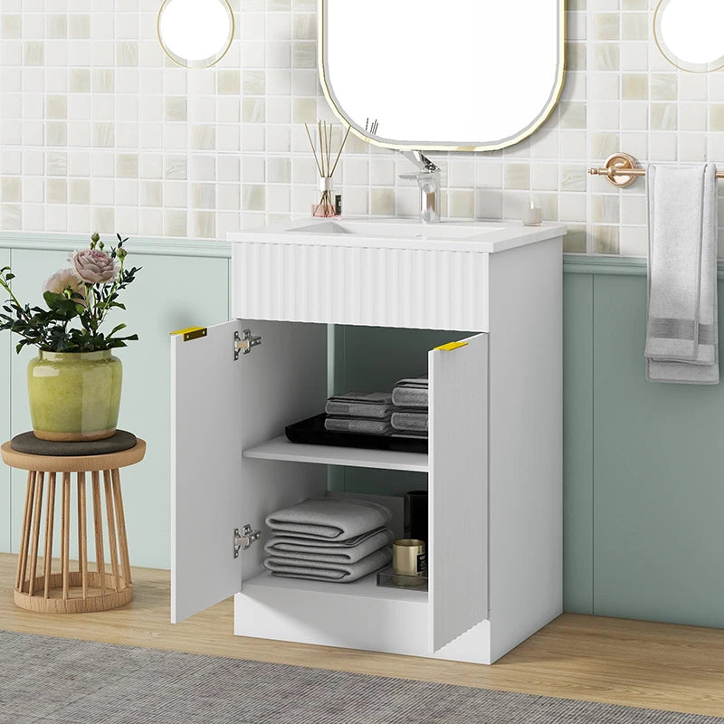 24inch modern bathroom vanity for small bathroom,white storge cabinet with ceramic sink