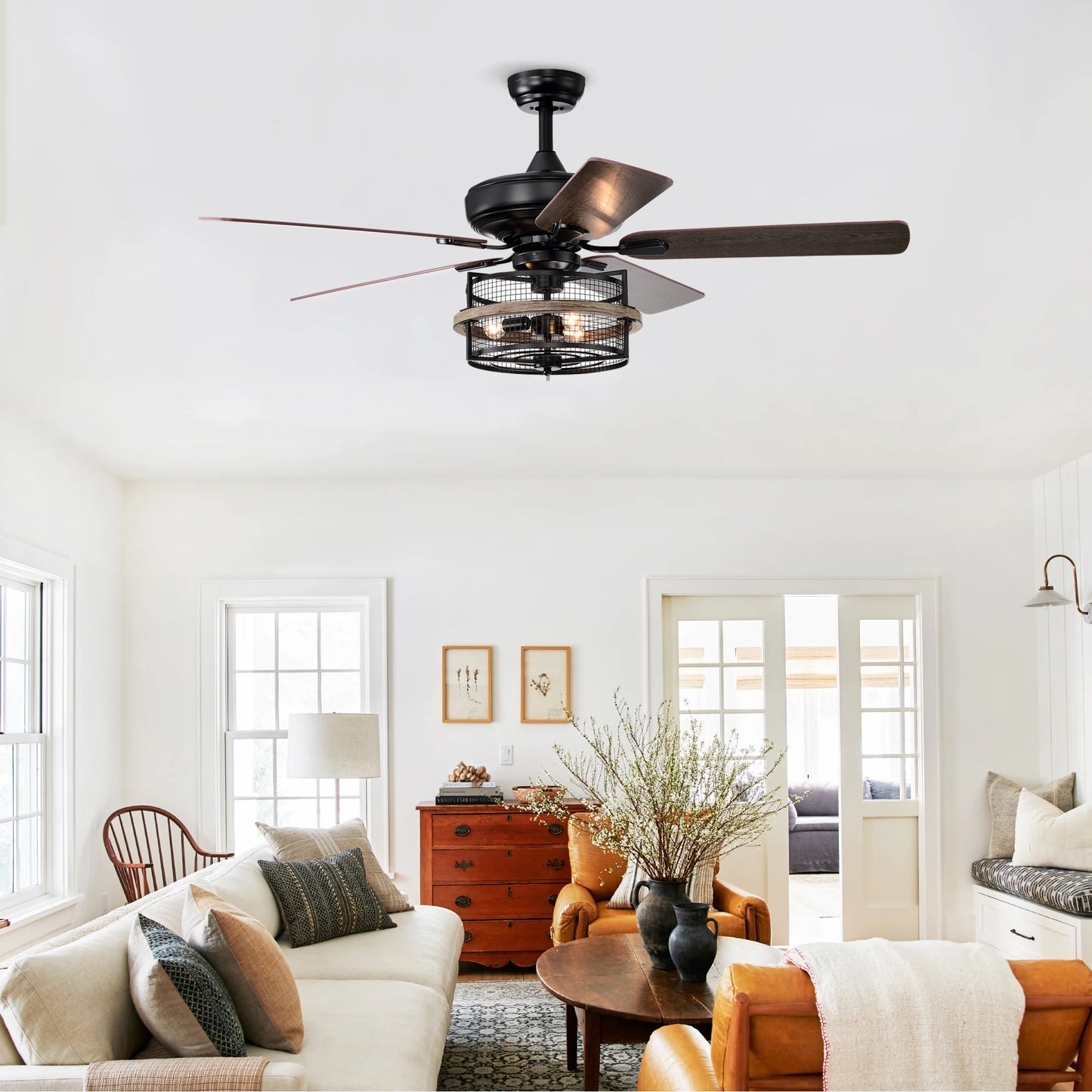 52 Inch Farmhouse Ceiling Fan with Remote,3-Lights Ceiling Fan with Light Fixture (No include Bulbs), Ceiling Fan for Patio,Livi