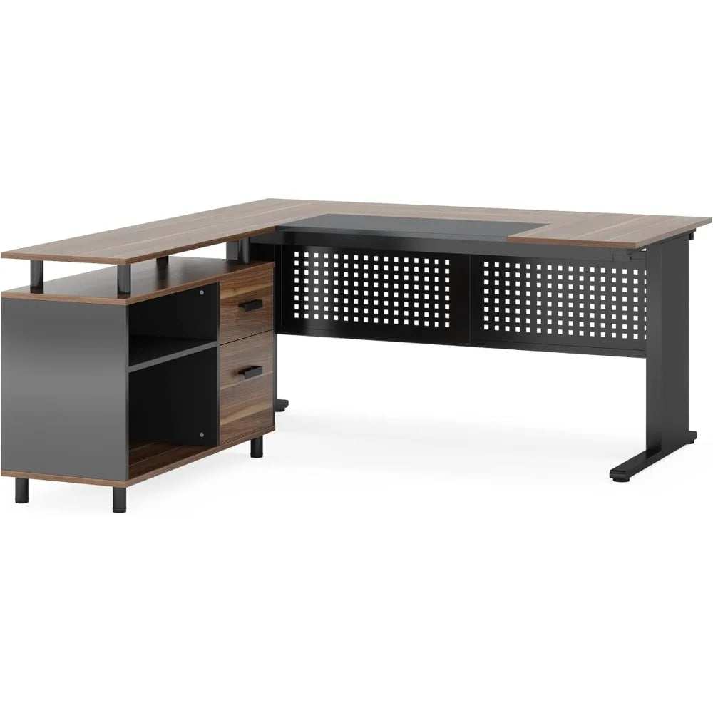 Large Computer Desk with File Cabinet, 63 Inch Executive Desk L Shaped Office Desk with Drawers and Storage Shelves