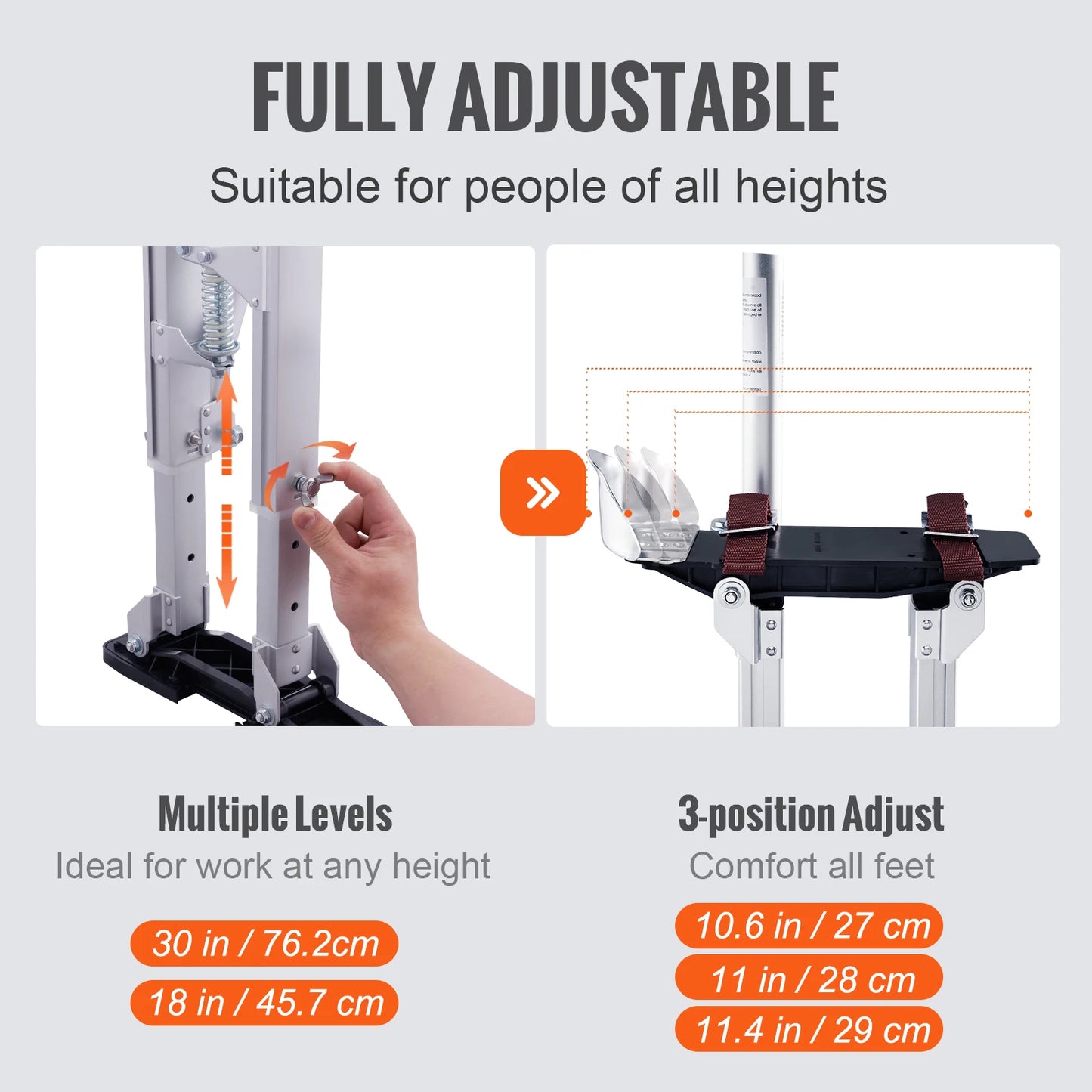 VEVOR Drywall Stilts 18''-30''/36''-50'' Adjustable Aluminum Tool Stilts with Protective Knee Pads Non-Slip Work Stilts for Home