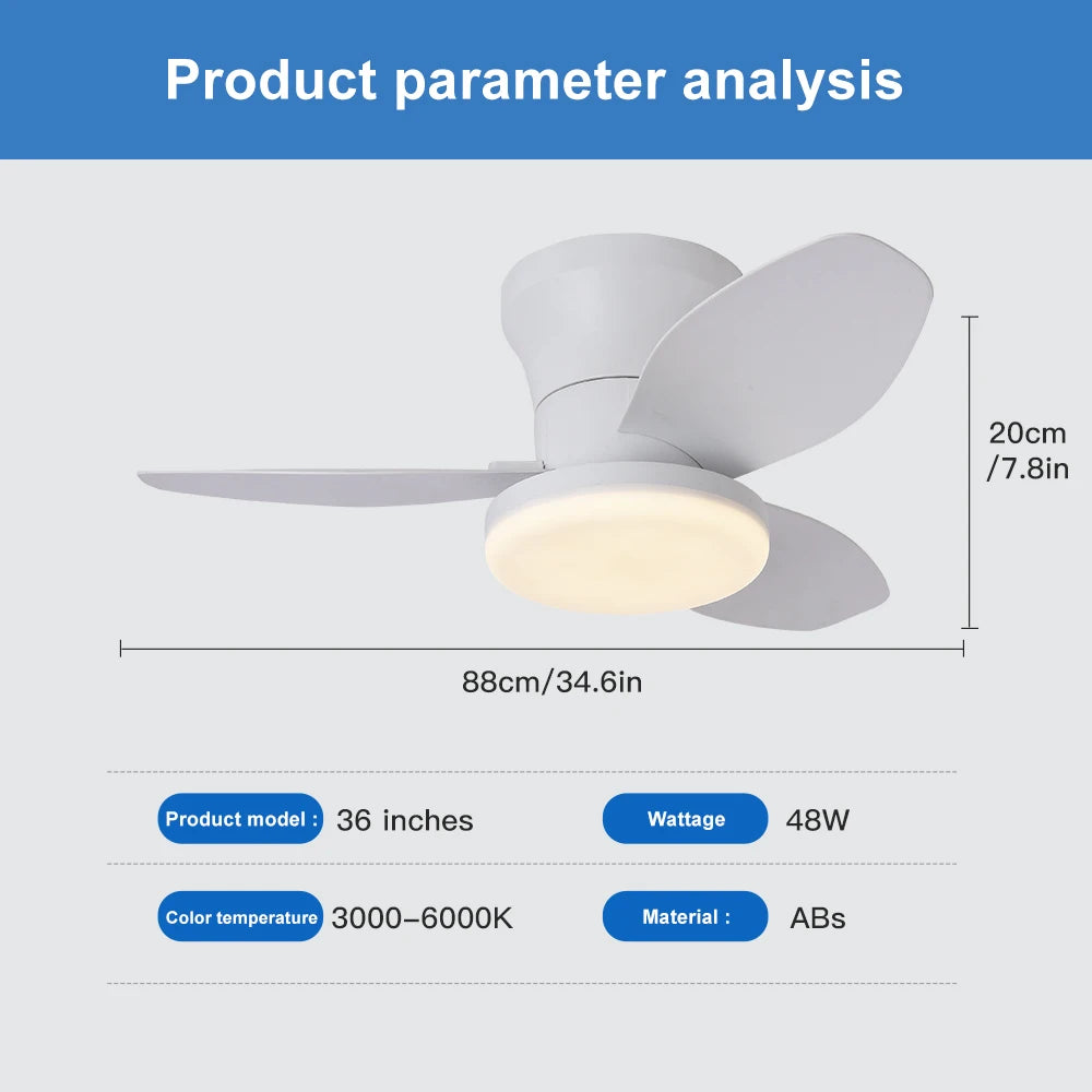 34.6'' Ceiling Fan with Light and Remote, LED Ceiling Fan with 3 Fan Blades, for Indoor Bedroom Living Room Dining Room Kitchen