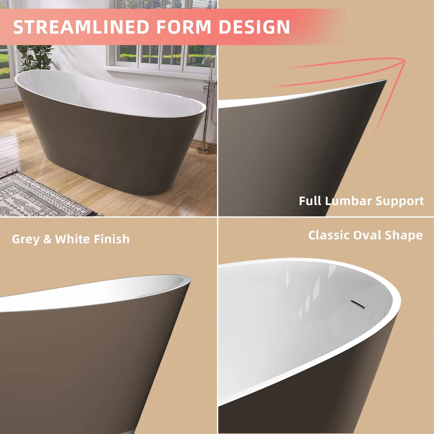 67" Acrylic Freestanding Bathtub, Matte Grey Modern Stand Alone Soaking Bathtub, Brushed Nickel Drain and Minimalist Linear Desi