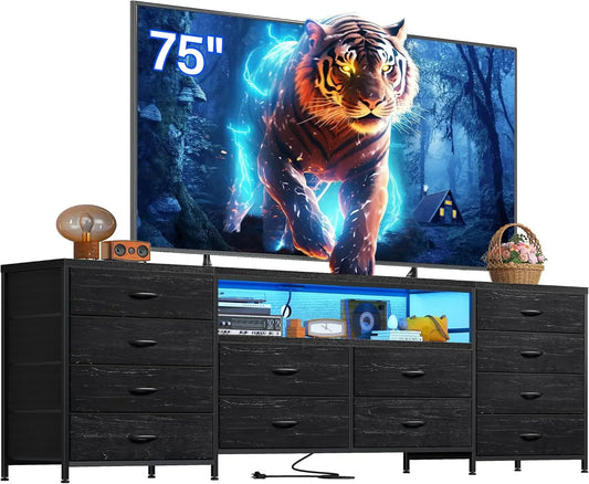 Fits 75" TV Stand Dresser for 65-75 Inch TV with LED Lights & Power Outlets