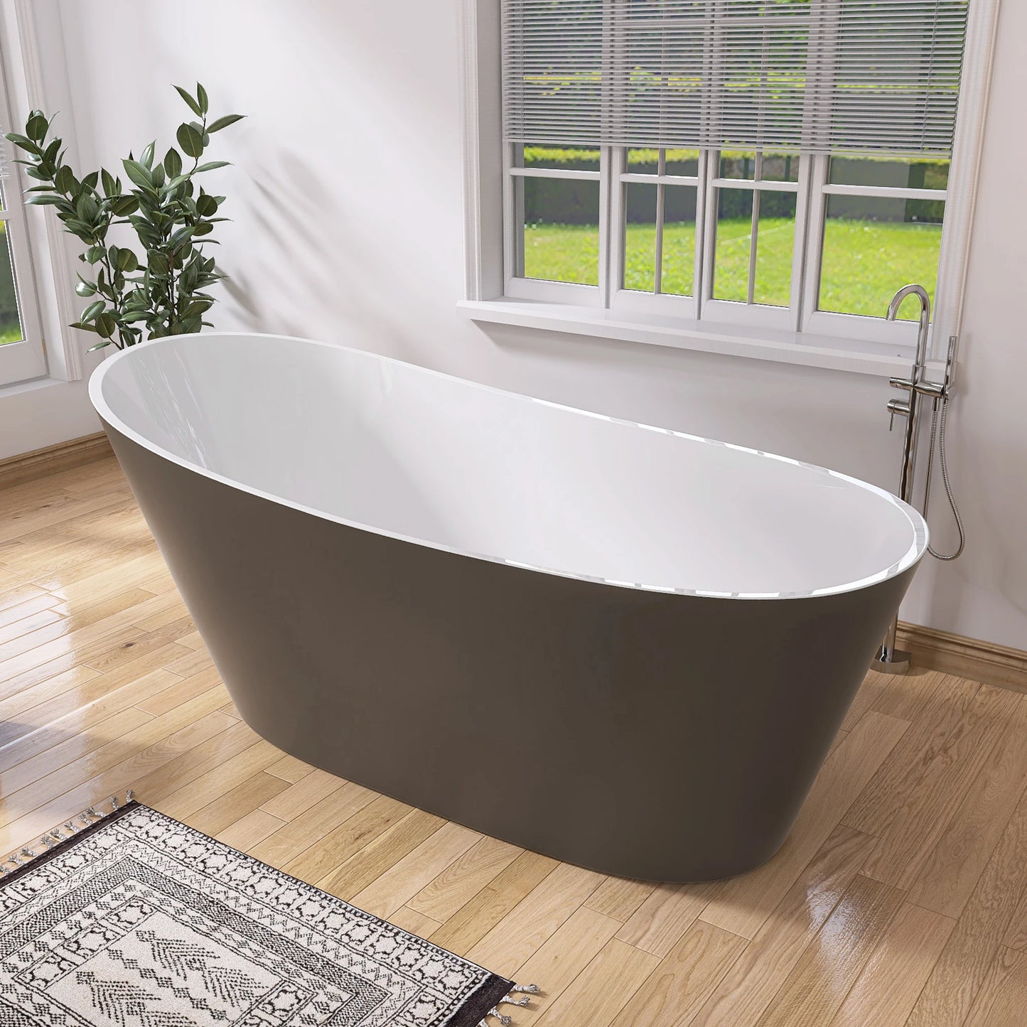 67" Acrylic Freestanding Bathtub, Matte Grey Modern Stand Alone Soaking Bathtub, Brushed Nickel Drain and Minimalist Linear Desi