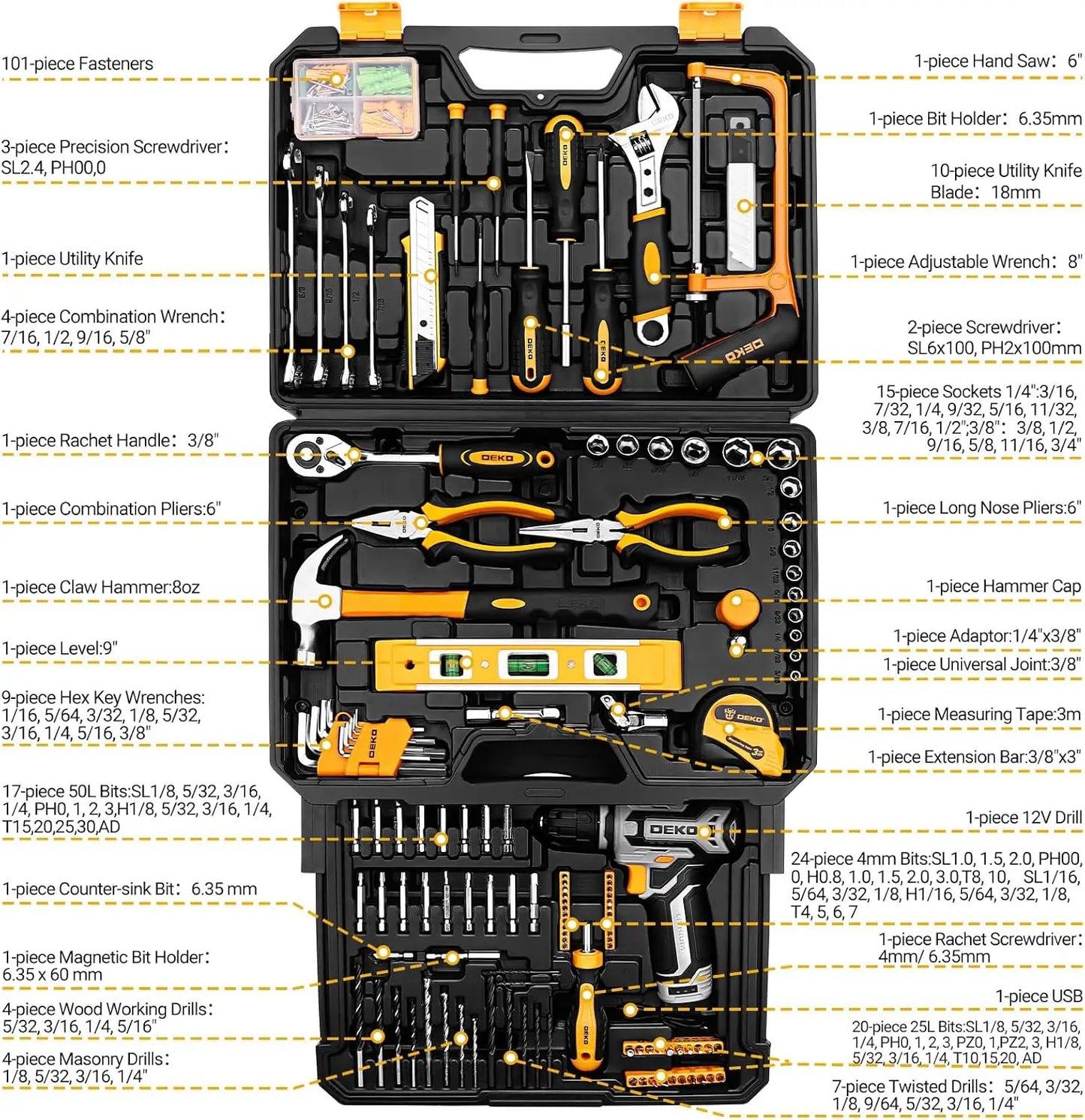 Kit Box Drill Set：DEKOPRO Home Mechanic Toolbox with 12V Power Cordless Drill Hand Repair Tools Sets Combo Kits Storage Org