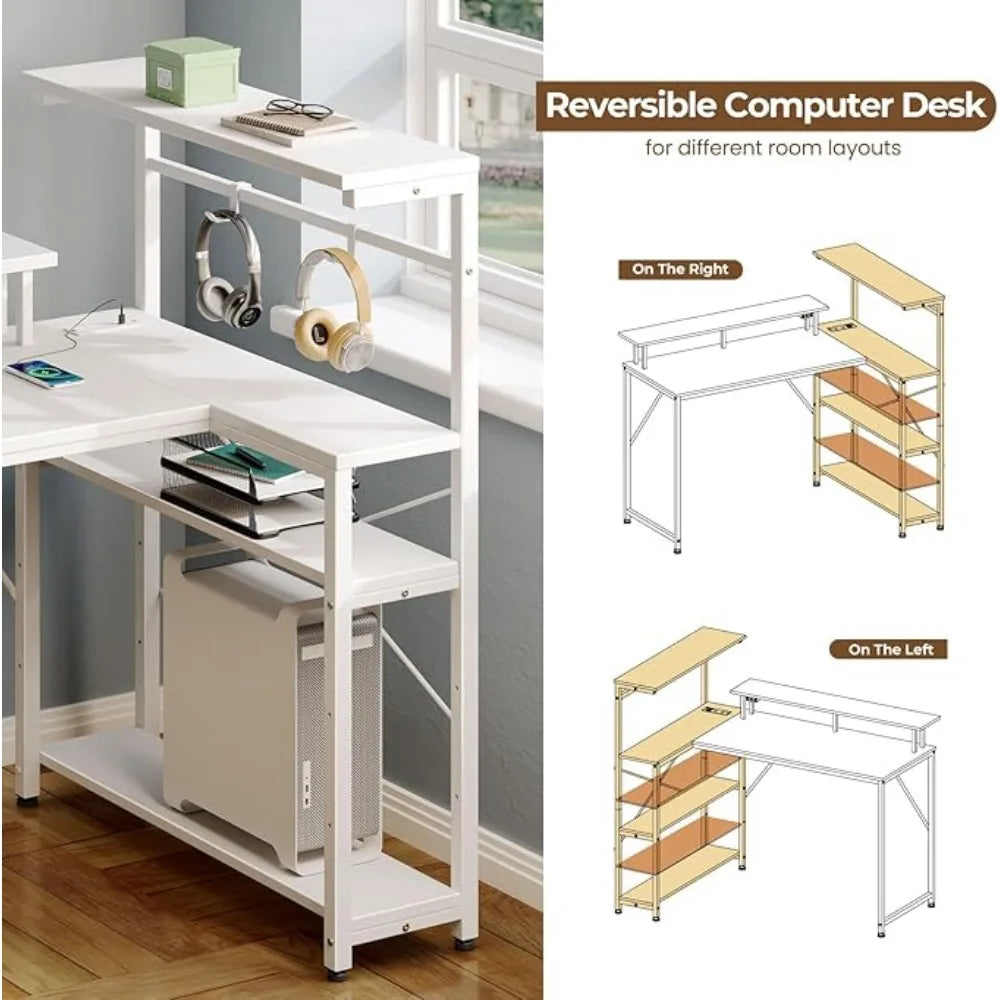 Seventable Gaming Desk with Power Outlet and LED Light, Reversible Small Desk with Monitor Stand,4 Tiers Shelves and Hooks,39" L