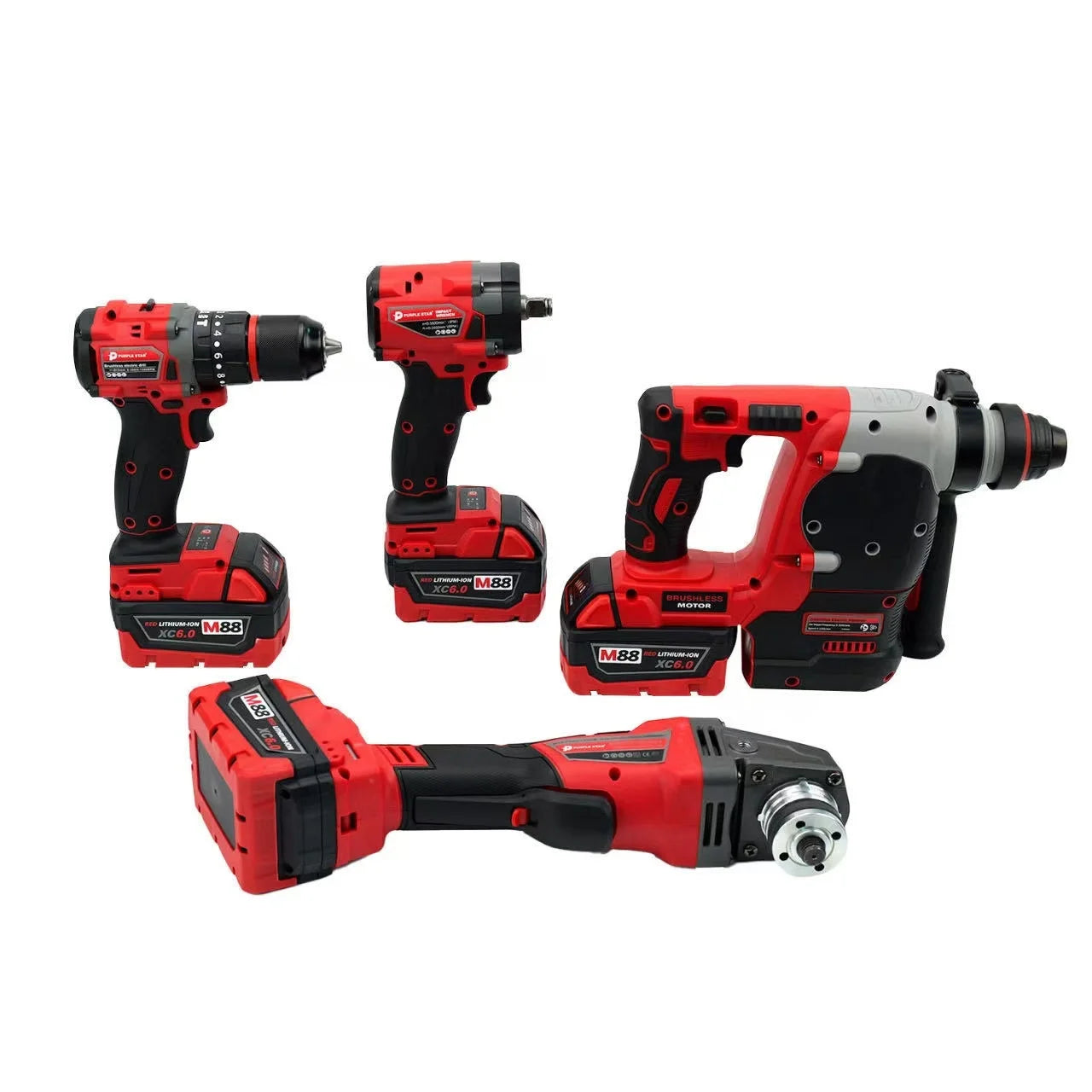 Set 4 in 1 Combination Brushless Replica Milwaukee Red Cordless Jobsite Tool Set Power Wrench Drill Angle Grinder Hammer