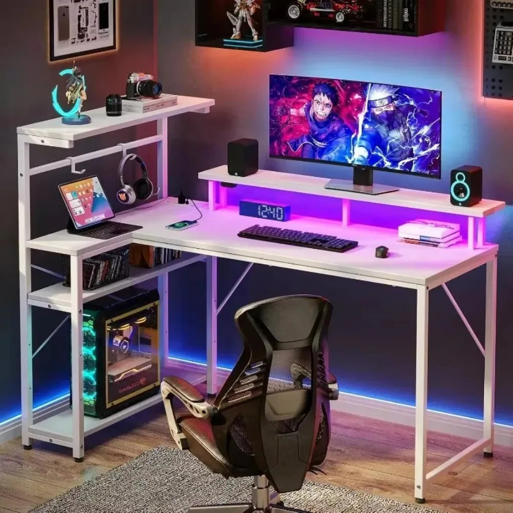 Seventable Gaming Desk with Power Outlet and LED Light, Reversible Small Desk with Monitor Stand,4 Tiers Shelves and Hooks,39" L