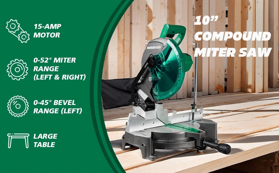 Metabo HPT Compound Miter Saw, 10" Miter Saw with Large Table Saw for woodworking, Power saw with 15-Amp Motor, Accurate Miter A