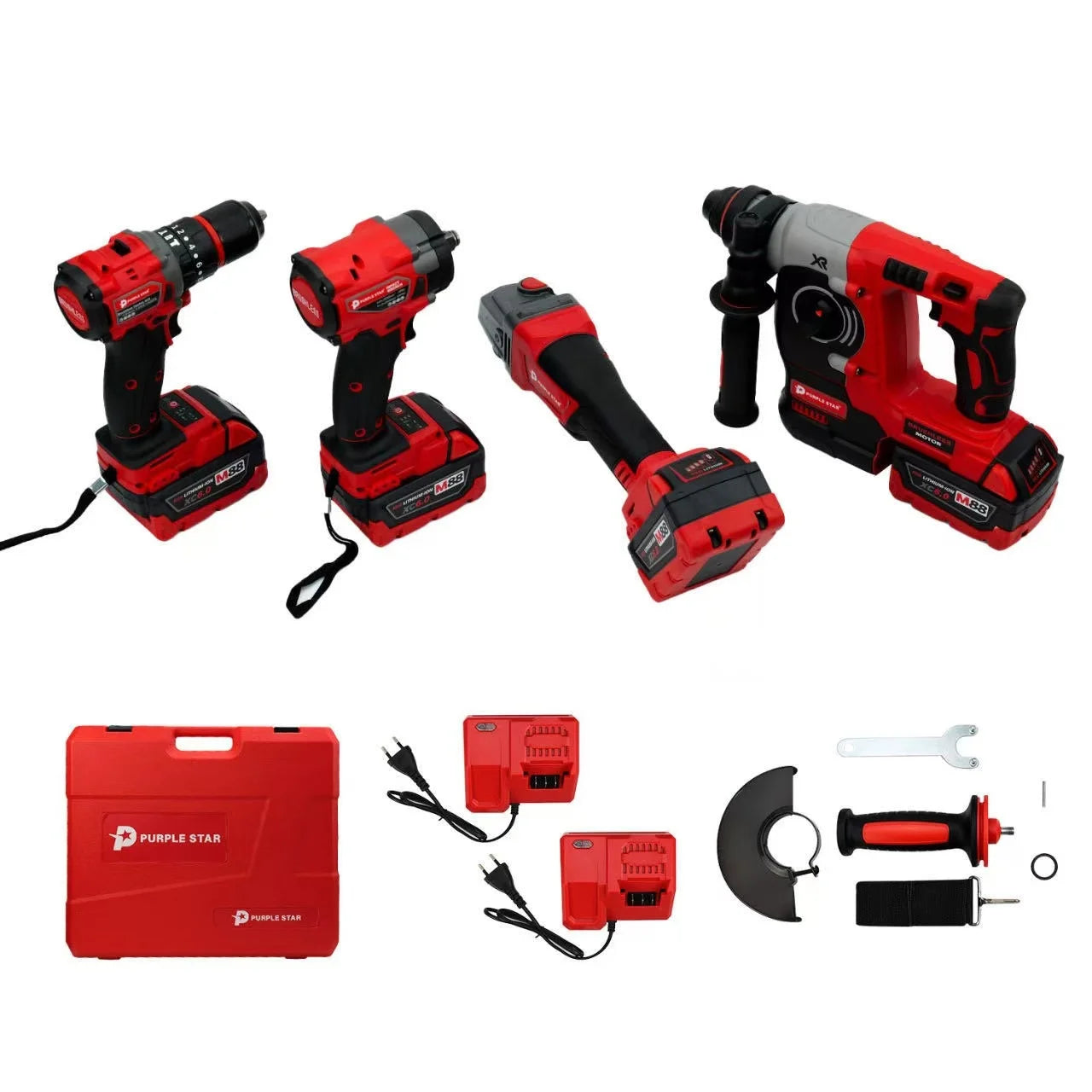 Set 4 in 1 Combination Brushless Replica Milwaukee Red Cordless Jobsite Tool Set Power Wrench Drill Angle Grinder Hammer