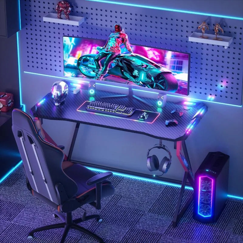 Small Gaming Desk with LED Lights, 40 Inch Computer Desk for Home Small Space, Gaming Table with Carbon Fiber Surface