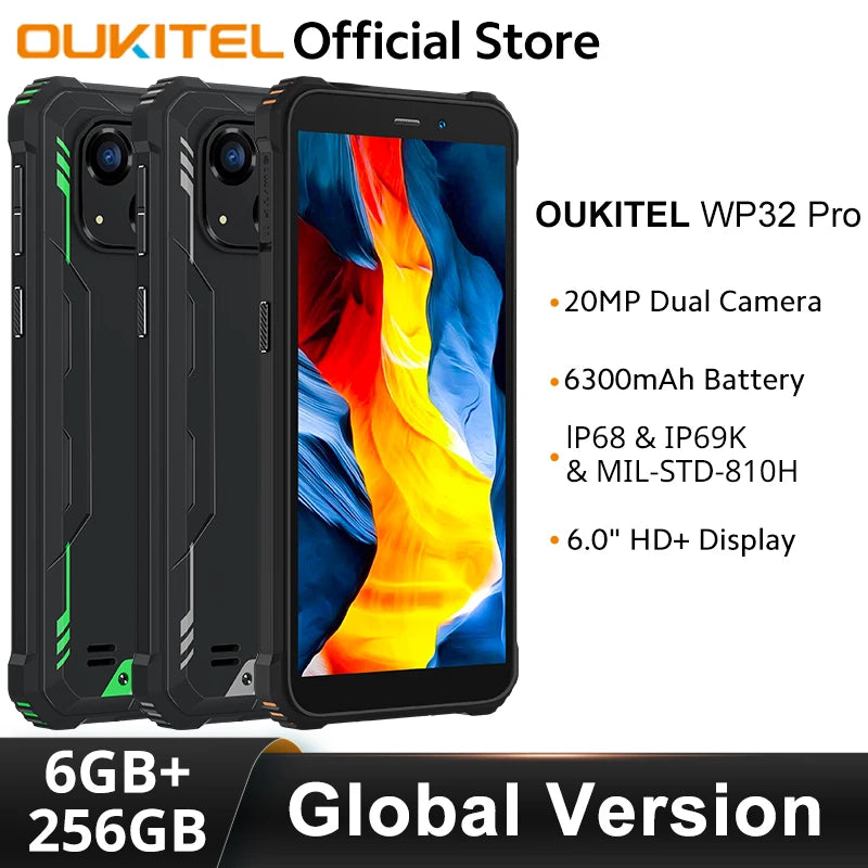 Oukitel WP32 pro Rugged Smartphone Global Version 6" HD 6GB+256GB 6300mAh Octa Core Mobile phone 20MP Cellphone