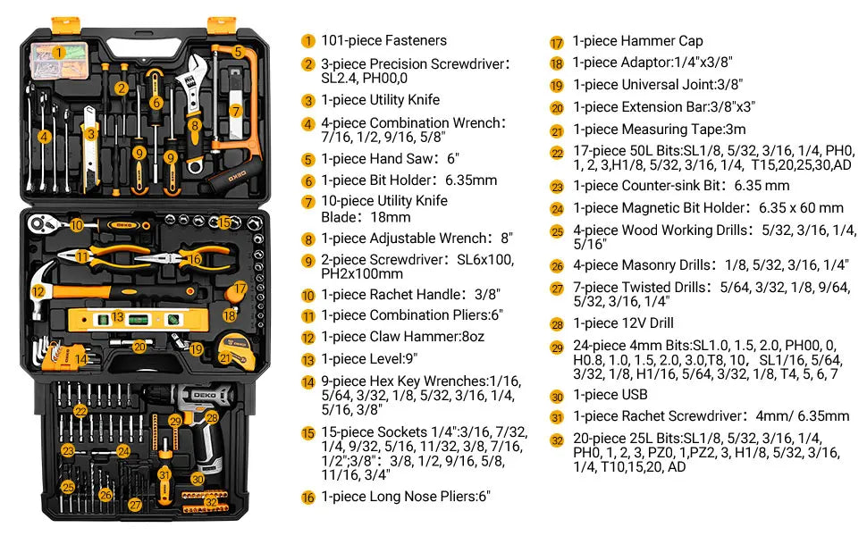 Kit Box Drill Set：DEKOPRO Home Mechanic Toolbox with 12V Power Cordless Drill Hand Repair Tools Sets Combo Kits Storage Org