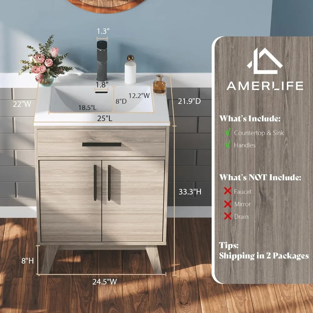 24.5" Bathroom Vanity with Sink Combo, Small Single Bathroom Cabinet Set, Soft Closing Doors, Bath Vanity with Sink