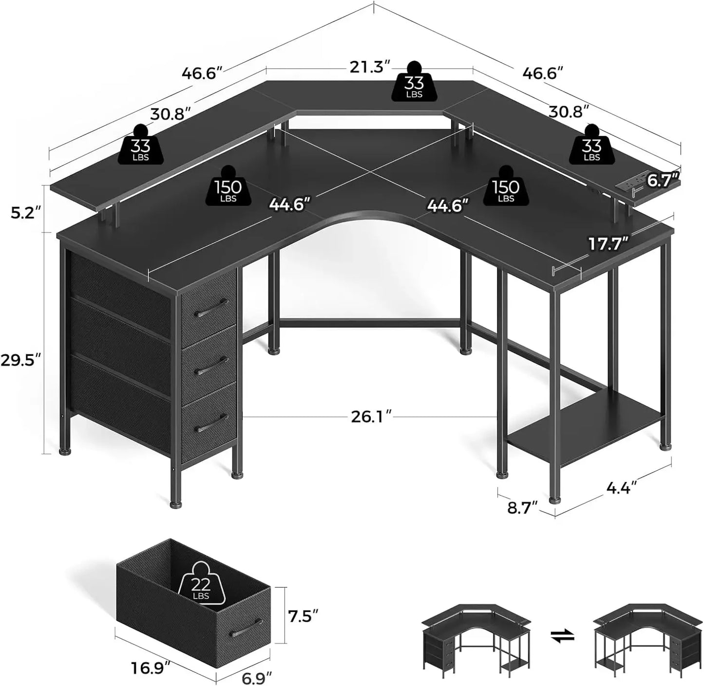 Corner Desk with Power Outlets & 3 Drawers, 44.6" Reversible Small L Shaped Computer Desk with LED Lights, Gaming