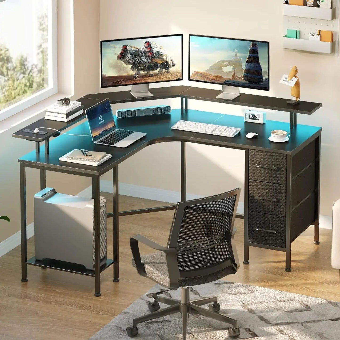 Corner Desk with Power Outlets & 3 Drawers, 44.6" Reversible Small L Shaped Computer Desk with LED Lights, Gaming