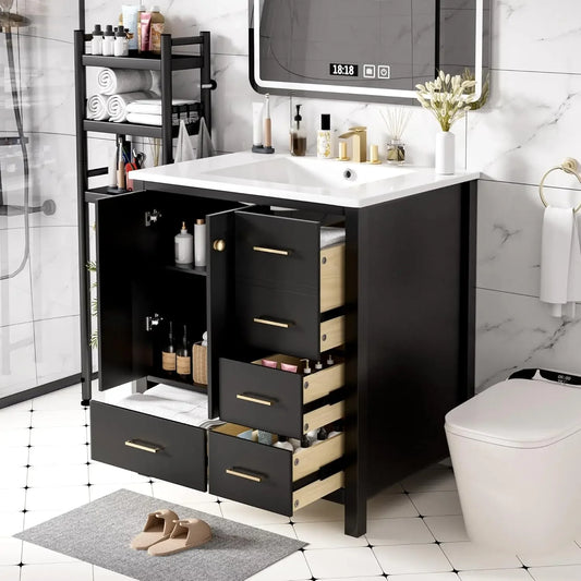 30" Bathroom Vanity with Sink,Modern Bathroom Sink Cabinet with 2 Doors & 4 Drawers,Freestanding Bathroom Storage Cabinet,Black