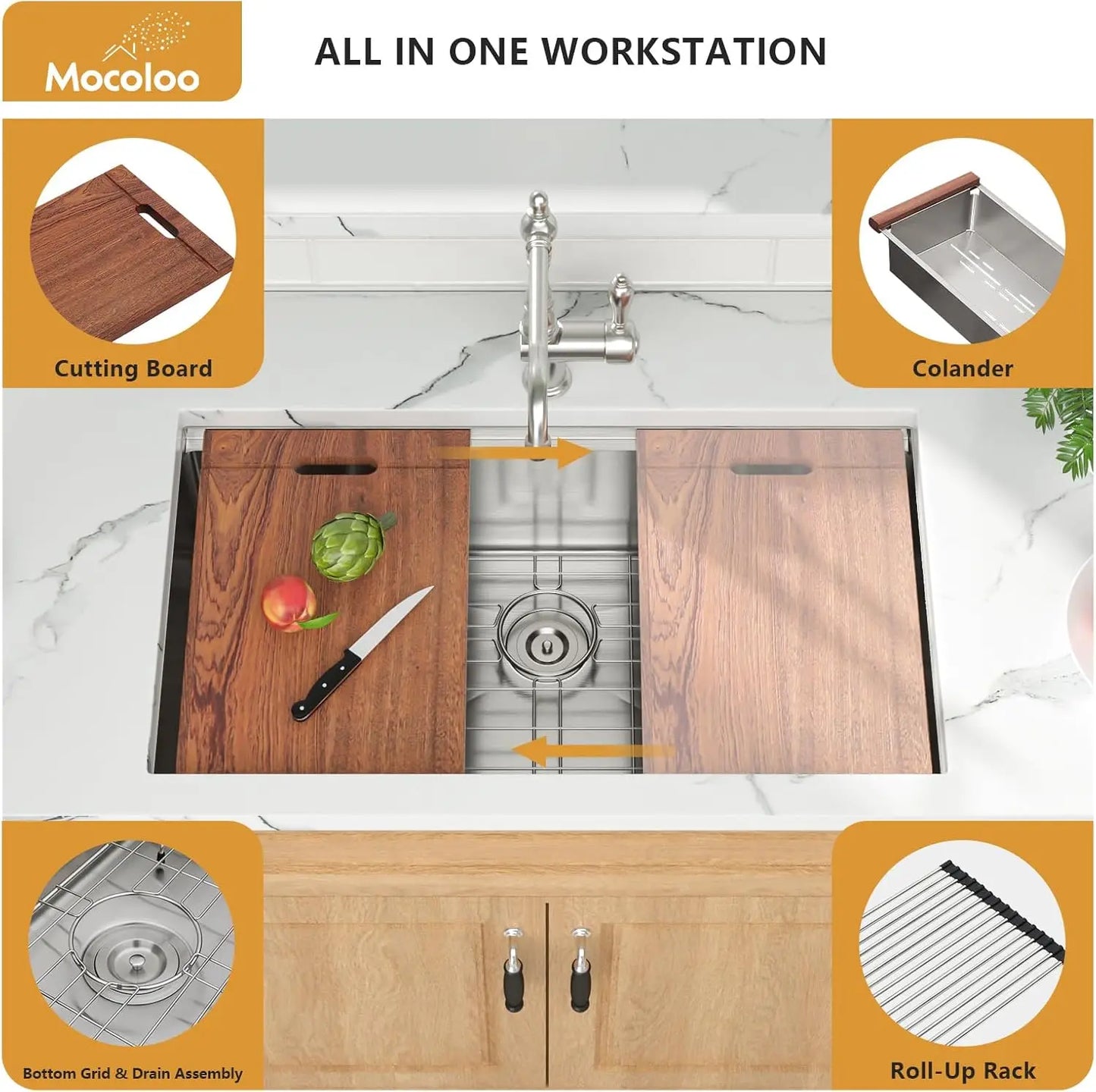 30  Kitchen Sink Workstaion 30x19 Inch Single Bowl Stainless Steel 16 Gauge Workstation Kitchen Sinks One Basi