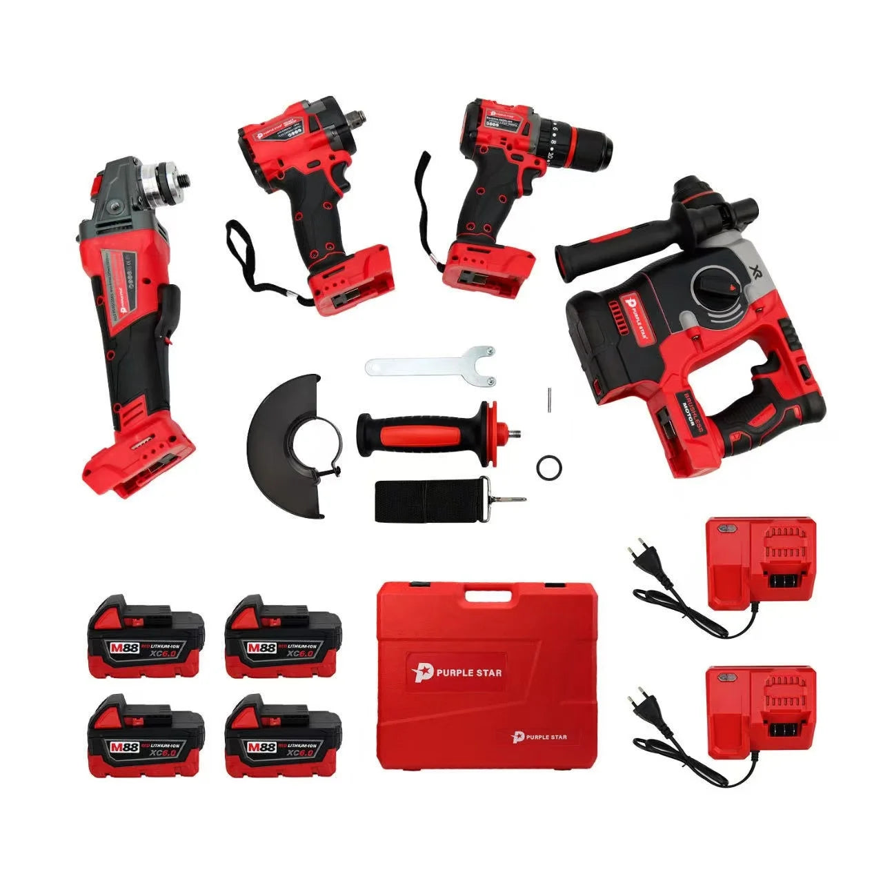 Set 4 in 1 Combination Brushless Replica Milwaukee Red Cordless Jobsite Tool Set Power Wrench Drill Angle Grinder Hammer