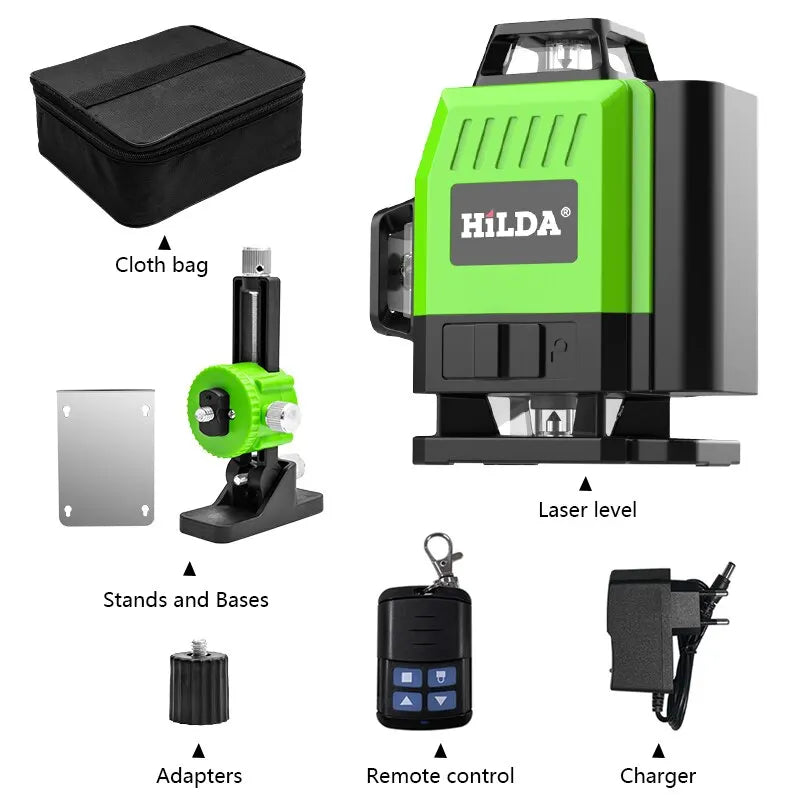 HILDA 16/12 Lines Laser Level Green Line SelfLeveling 360 Horizontal And Vertical Super Powerful Laser Level Green Beam