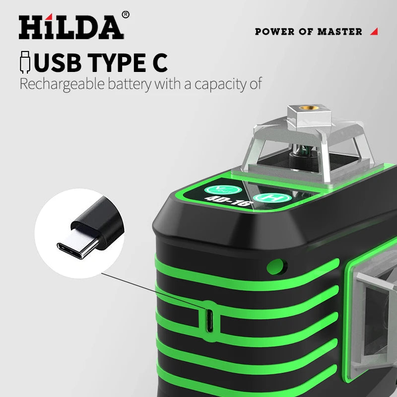 HILDA 16/12 Lines Laser Level Green Line SelfLeveling 360 Horizontal And Vertical Super Powerful Laser Level Green Beam