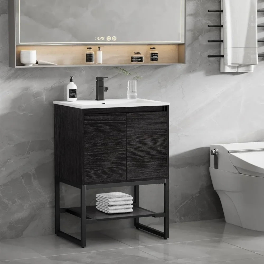 "24" Bathroom Vanity with Sink Combo | Built-in Power Socket, Metal Frame, Matte Black Faucet, Soft-Closing Doors