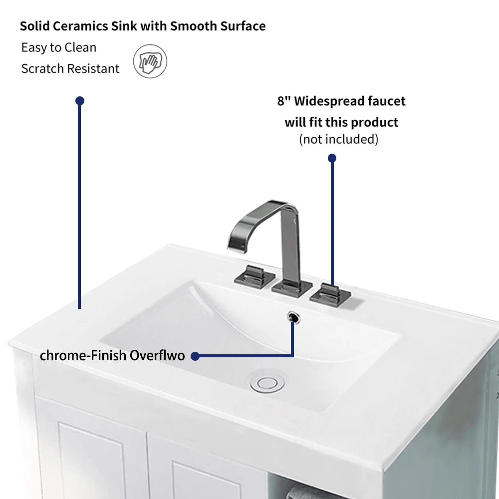 1pc 30inch Porcelain Ceramic Vanity Sink Top, Surface Bathroom Vessel Sink Basin with Three Faucet Holes, Rectangular, Glossy W