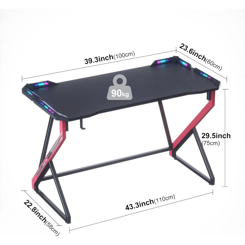 Small Gaming Desk with LED Lights, 40 Inch Computer Desk for Home Small Space, Gaming Table with Carbon Fiber Surface