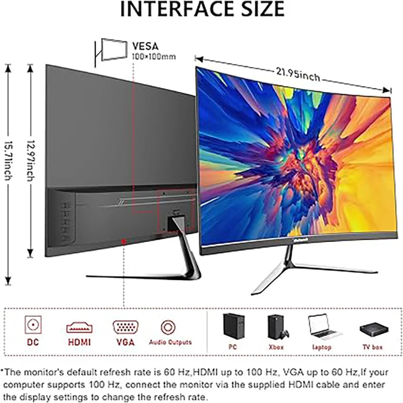 24.5-inch PC Screen, Curved(3000R) 100hz Gaming Monitor with Built-in Speakers FHD 1080p 1ms Bezel-Less, Support HDTV, VGA