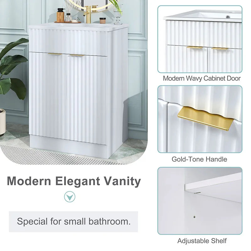 24inch modern bathroom vanity for small bathroom,white storge cabinet with ceramic sink