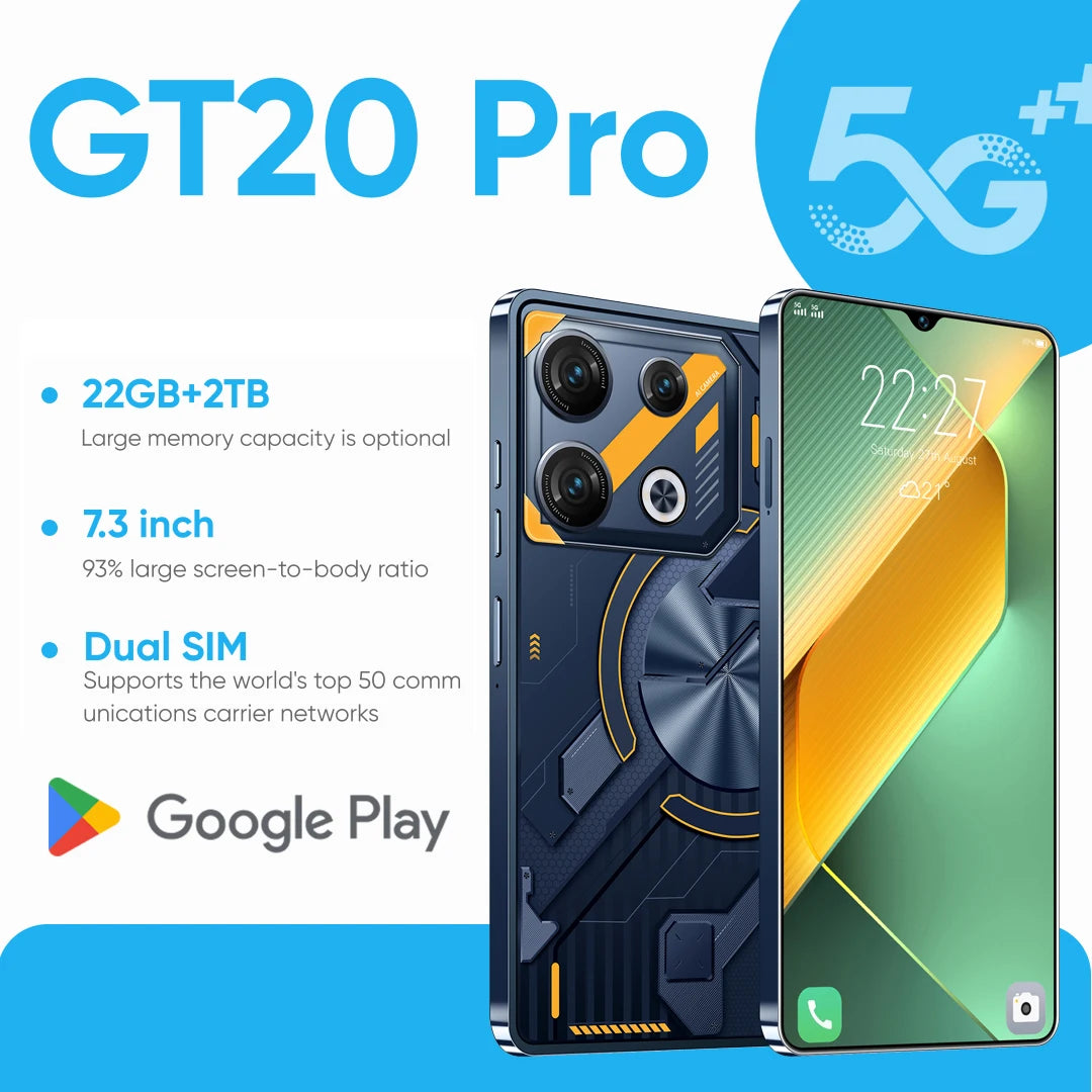 Original GT20 Pro Smartphone 5G 7.3inch HD Android 14 22G+2TB Cell Phone Dual SIM Mobile Phones 50+108MP 7000mAh  Unlocked NFC