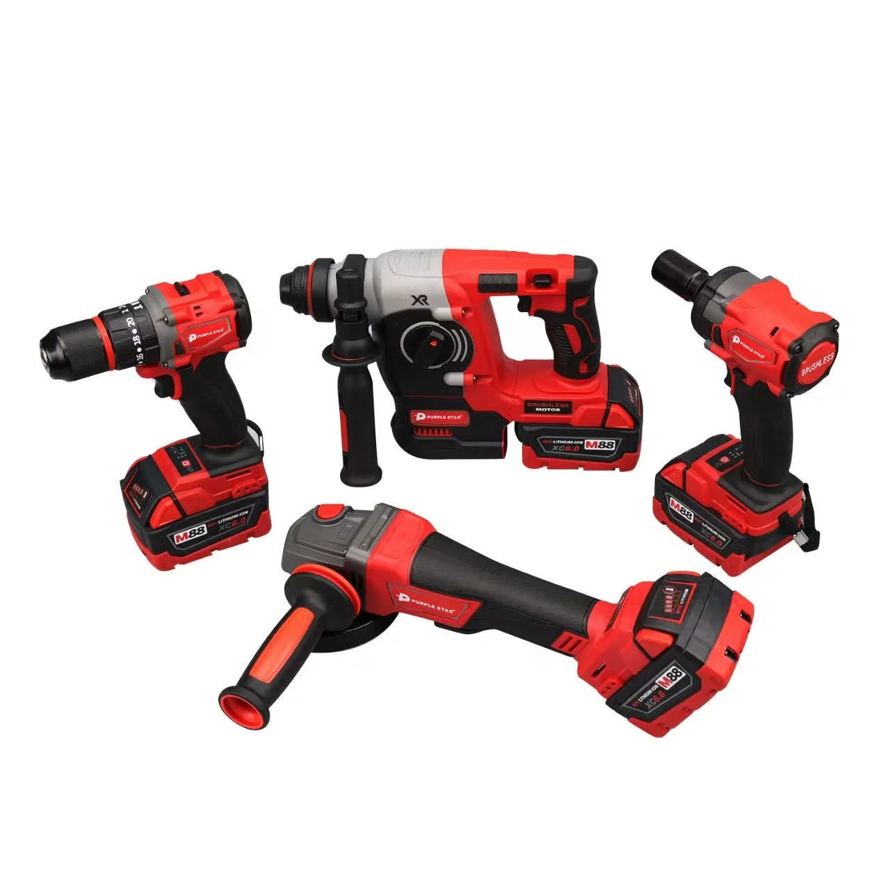 Set 4 in 1 Combination Brushless Replica Milwaukee Red Cordless Jobsite Tool Set Power Wrench Drill Angle Grinder Hammer