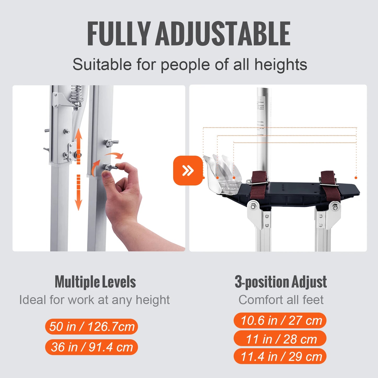 VEVOR Drywall Stilts 36''-50'' Adjustable Aluminum Tool Stilts with Protective Knee Pads Non-Slip Work Stilts for Home