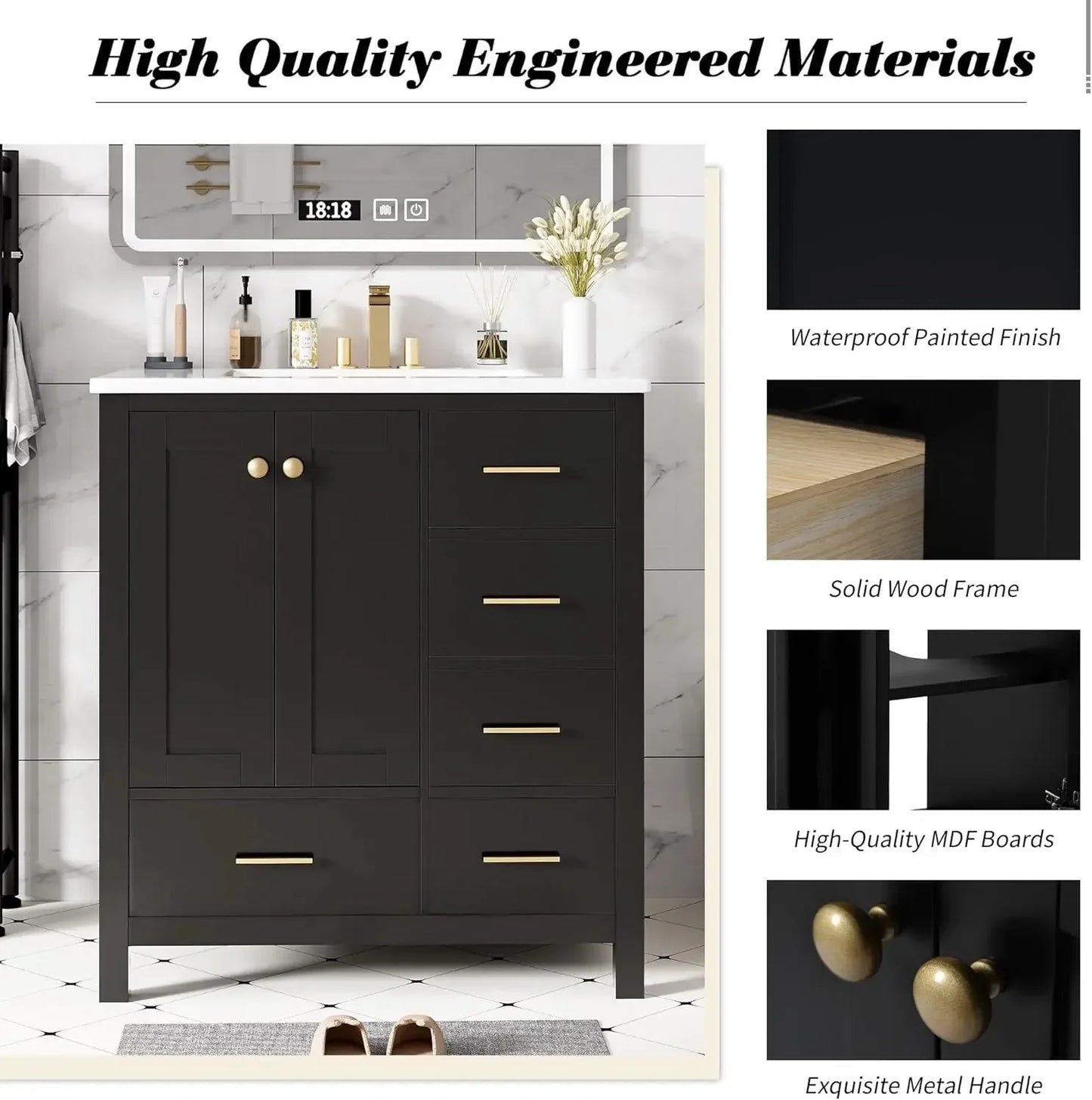 30" Bathroom Vanity with Sink,Modern Bathroom Sink Cabinet with 2 Doors & 4 Drawers,Freestanding Bathroom Storage Cabinet,Black