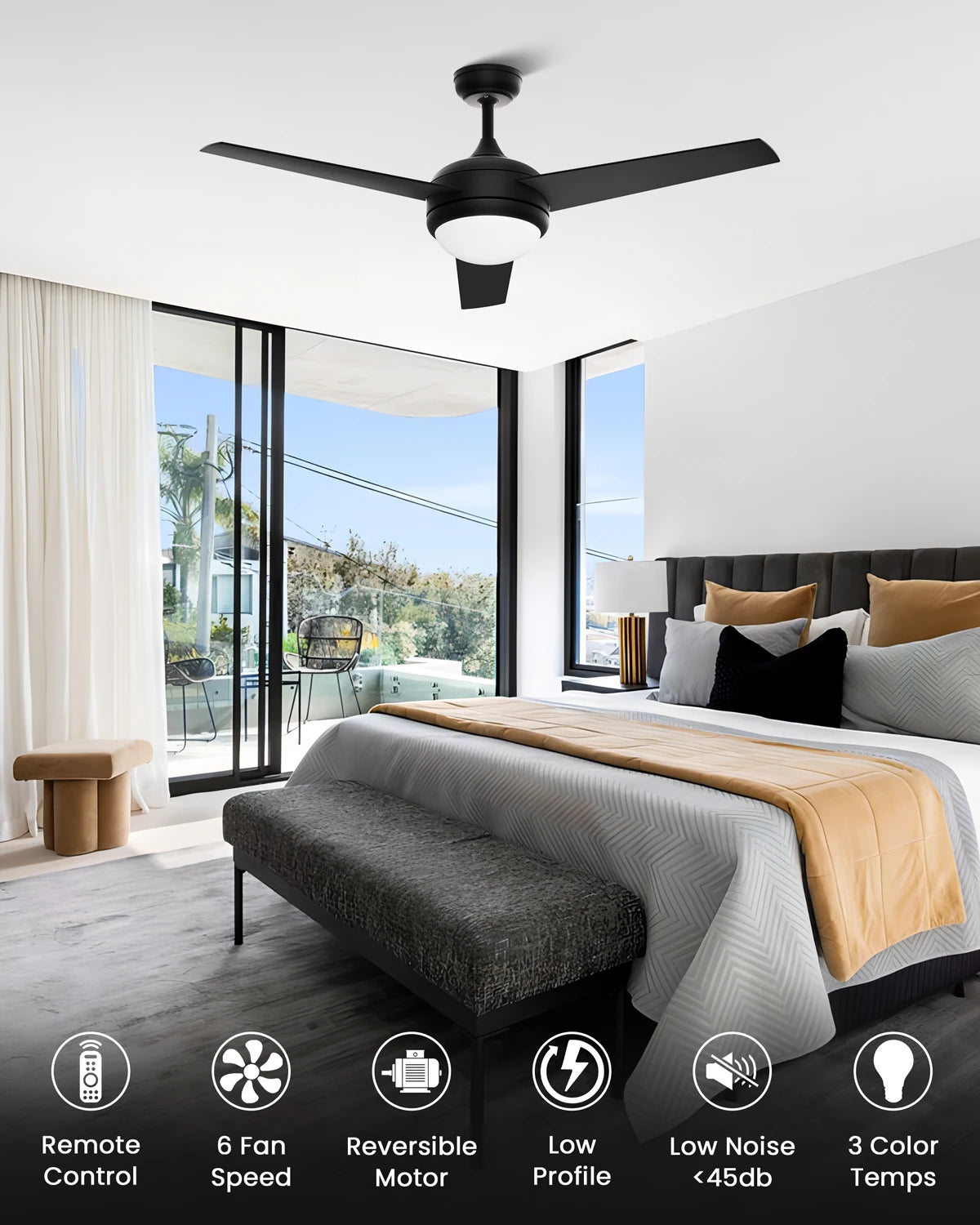 LUNA 52" Ceiling Fan with Light & Remote Control,3 Wood Blades, 6-Speed, Timer, 3 CCT, for Bedroom Living Room Kitchen