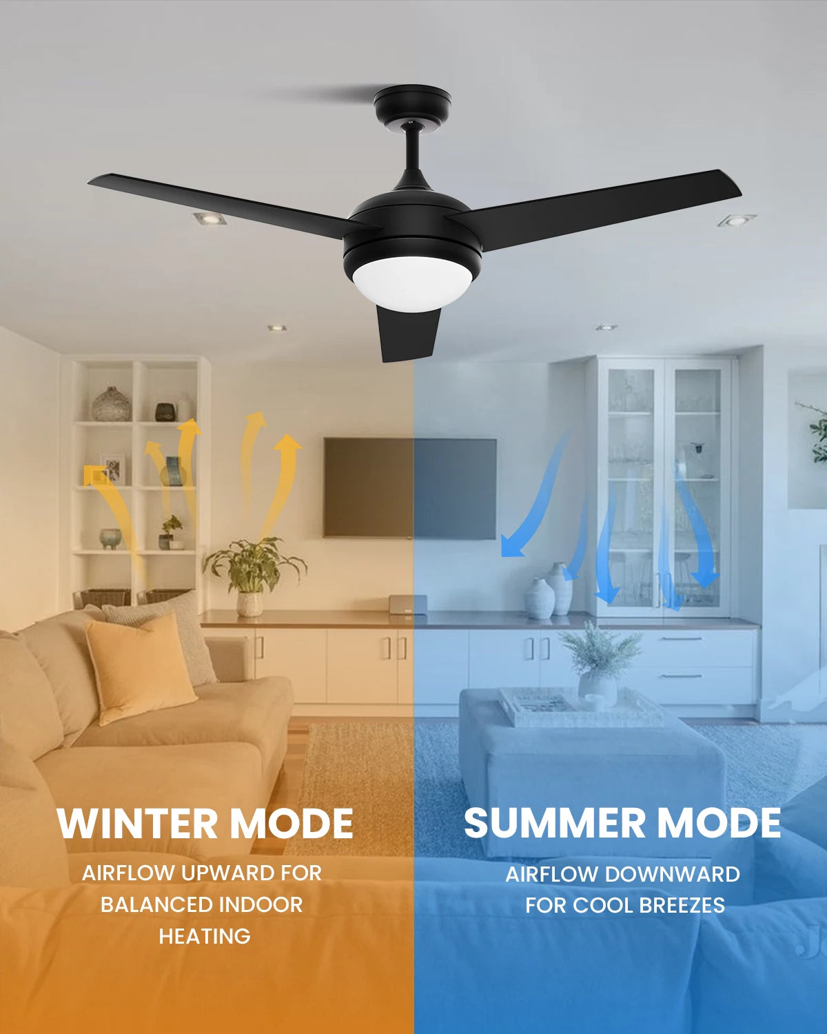 LUNA 52" Ceiling Fan with Light & Remote Control,3 Wood Blades, 6-Speed, Timer, 3 CCT, for Bedroom Living Room Kitchen