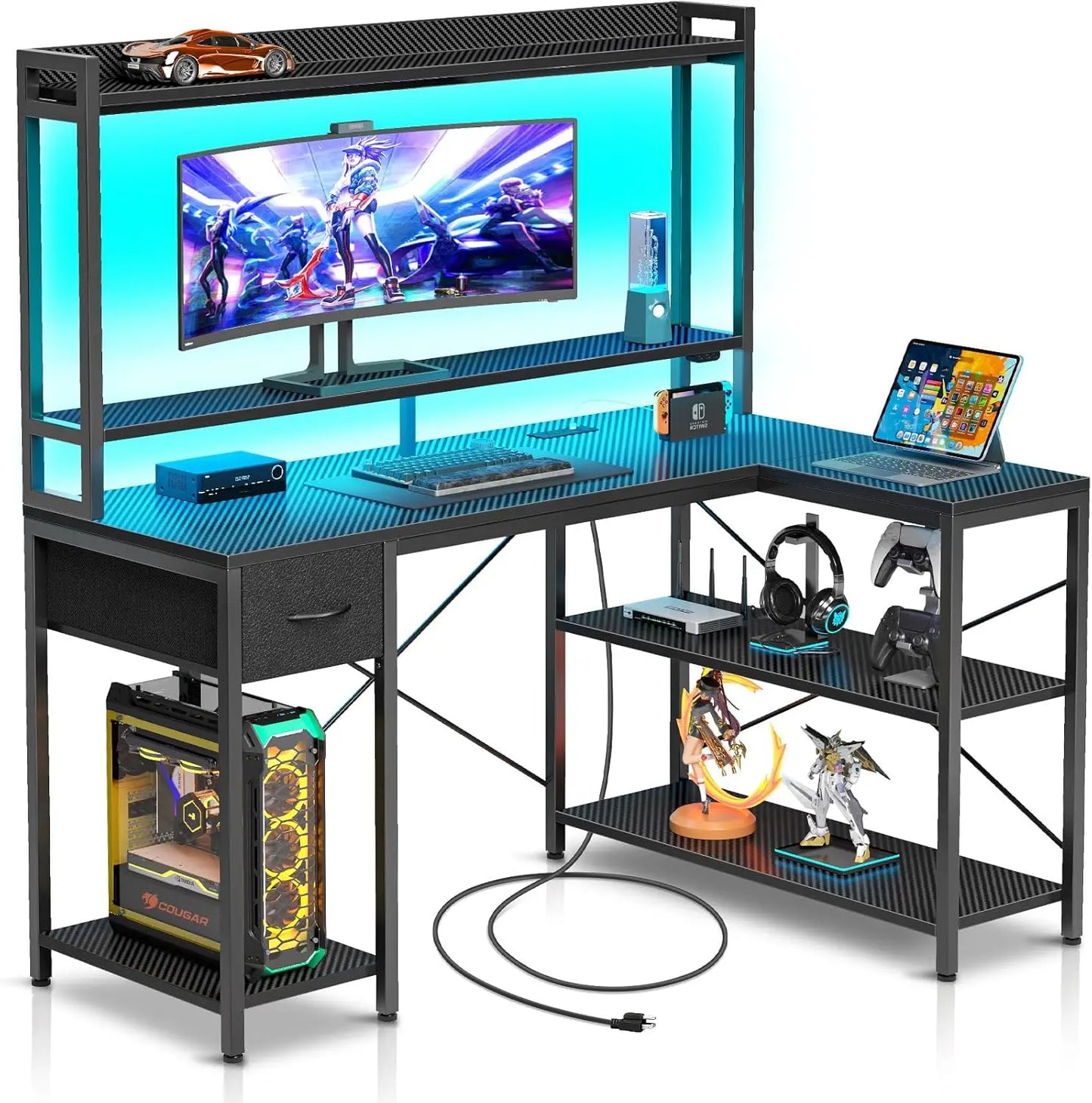 Gaming Desk with LED Light & Power Outlets, 47 inch Computer Desk with Shelves, Reversible L Shaped Desk , Black