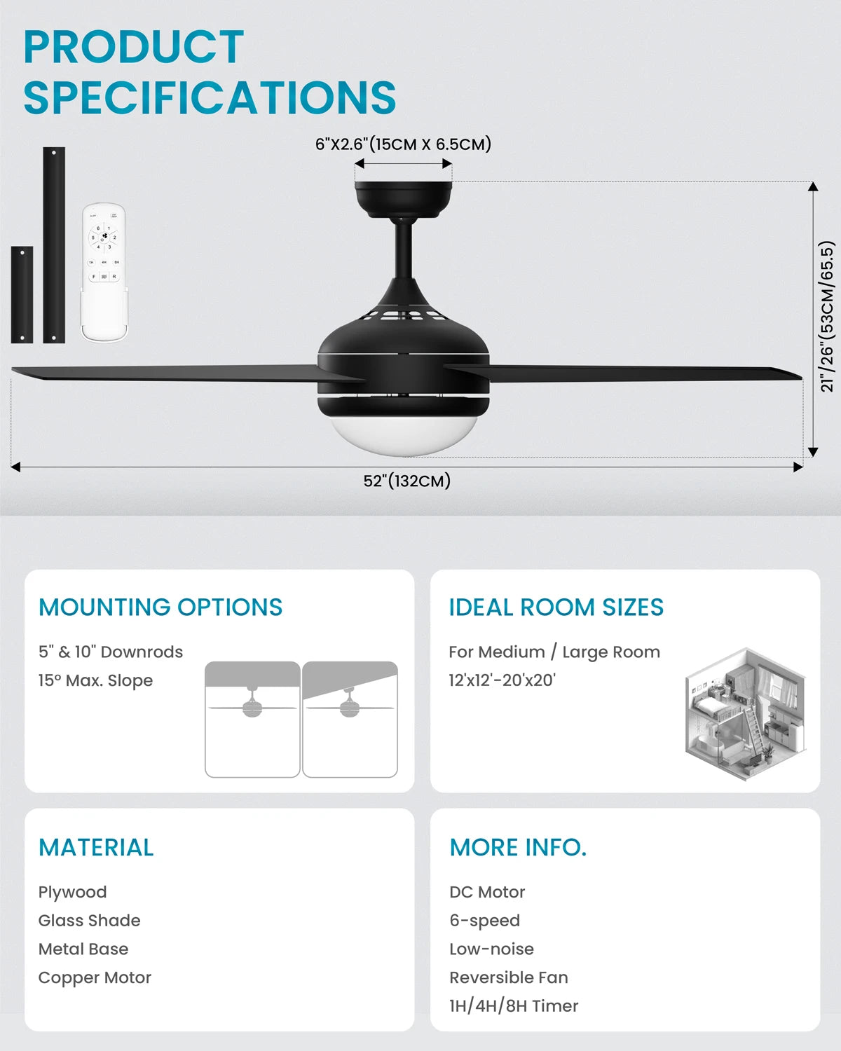 LUNA 52" Ceiling Fan with Light & Remote Control,3 Wood Blades, 6-Speed, Timer, 3 CCT, for Bedroom Living Room Kitchen