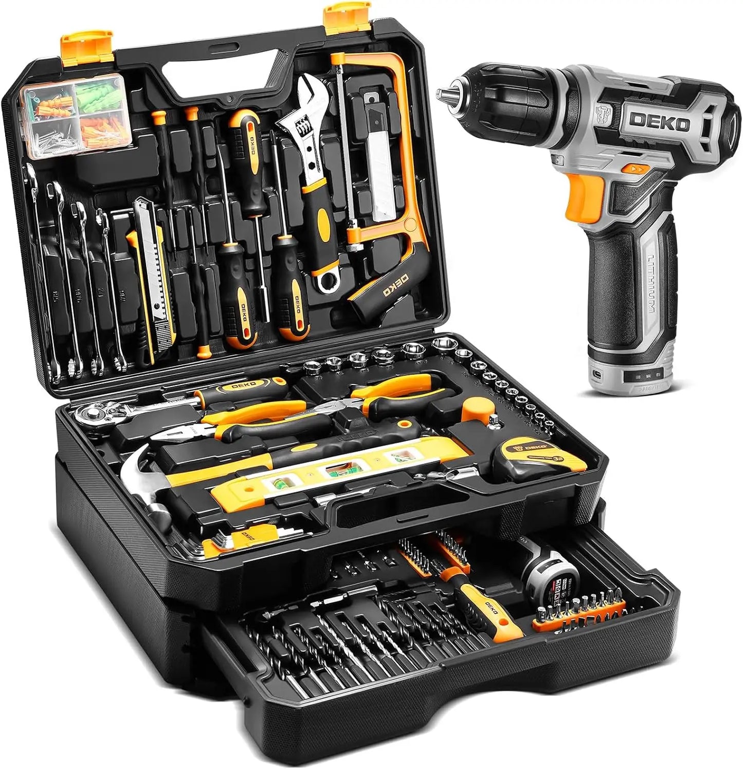 Kit Box Drill Set：DEKOPRO Home Mechanic Toolbox with 12V Power Cordless Drill Hand Repair Tools Sets Combo Kits Storage Org