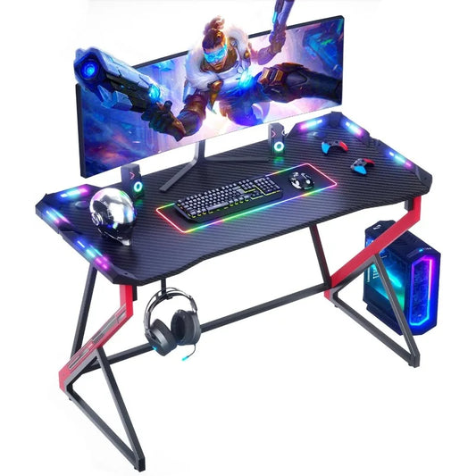 Small Gaming Desk with LED Lights, 40 Inch Computer Desk for Home Small Space, Gaming Table with Carbon Fiber Surface