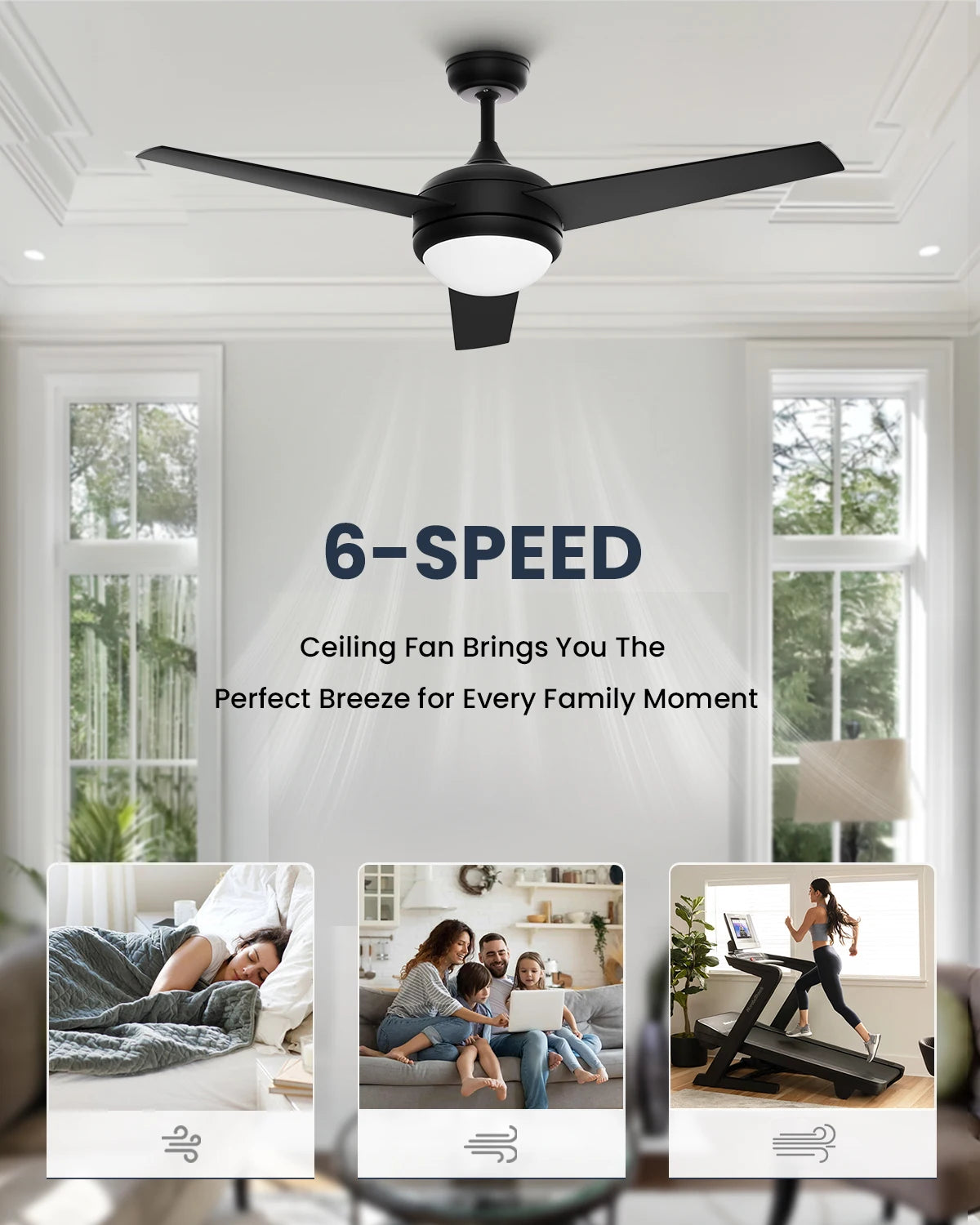 LUNA 52" Ceiling Fan with Light & Remote Control,3 Wood Blades, 6-Speed, Timer, 3 CCT, for Bedroom Living Room Kitchen