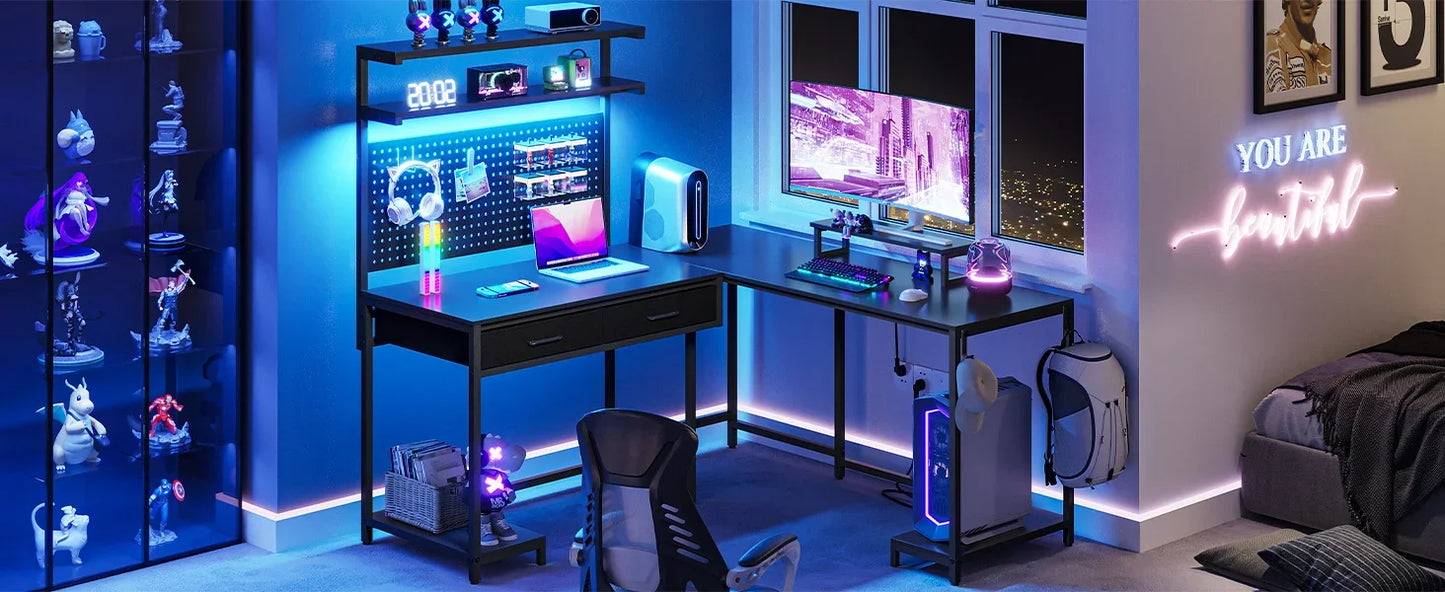 L Shaped Gaming Desk, with LED Lights, Pegboard and Drawers, Computer Desk with Monitor Stand Storage Shelves, Home Corner Desk