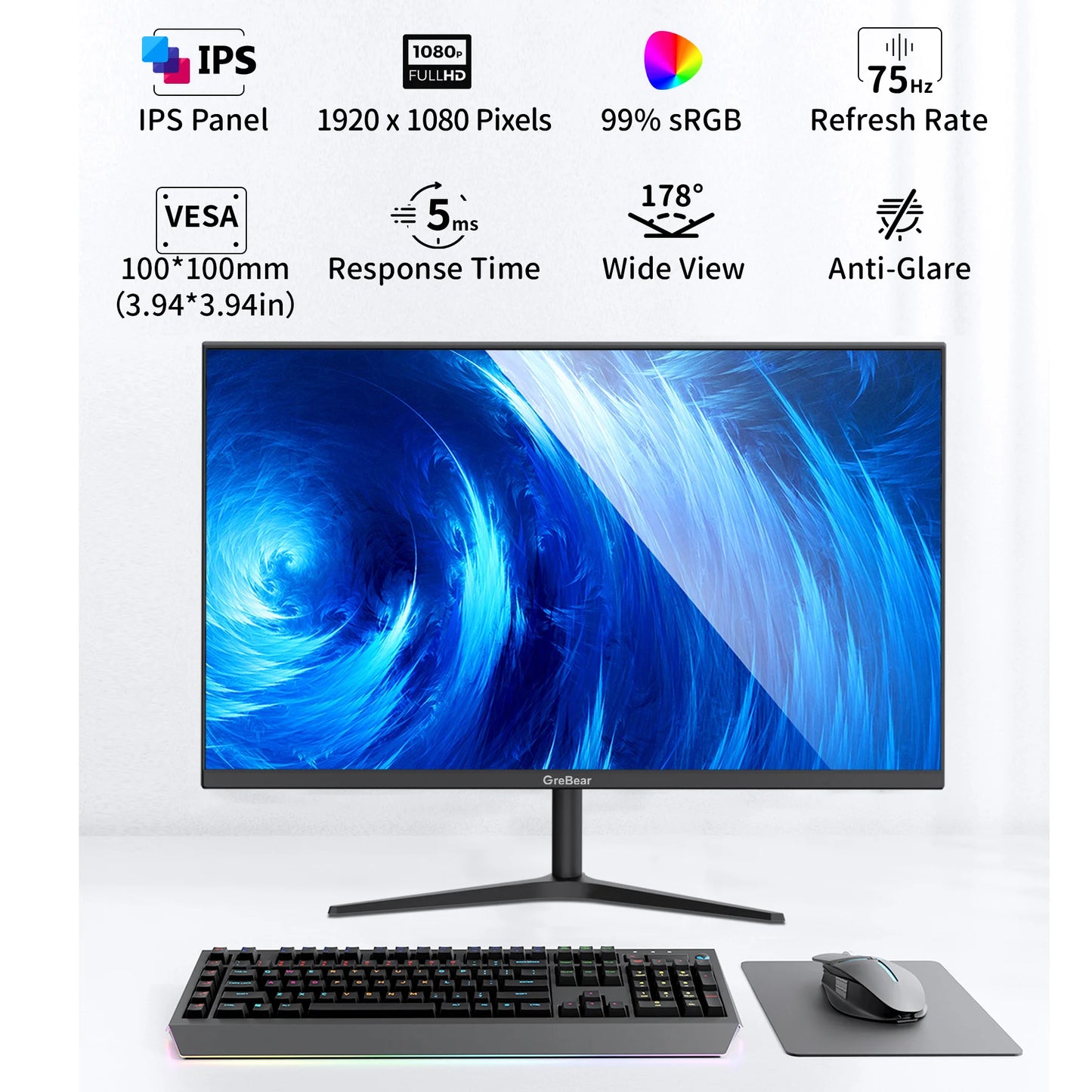 GreBear 27-inch Computer Monitor IPS Panel PC Monitors FHD 1080p 75Hz LED Display Home Office Desktop Screen, HDMI, VGA, Flicker