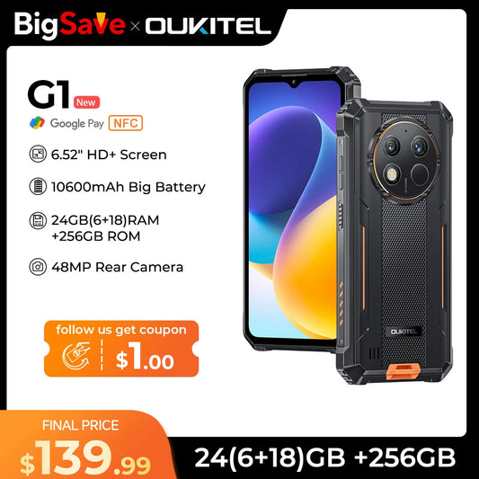 Oukitel G1 Rugged smartphone 6.52‘' HD+ 10600mAh 24GB+256GB Android14 48MP Camera cell phone