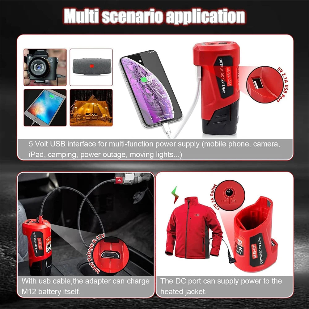 USB Power Battery Adaptor for Milwaukee M12 12V Heated Jackets Power Source Li-ion Battery