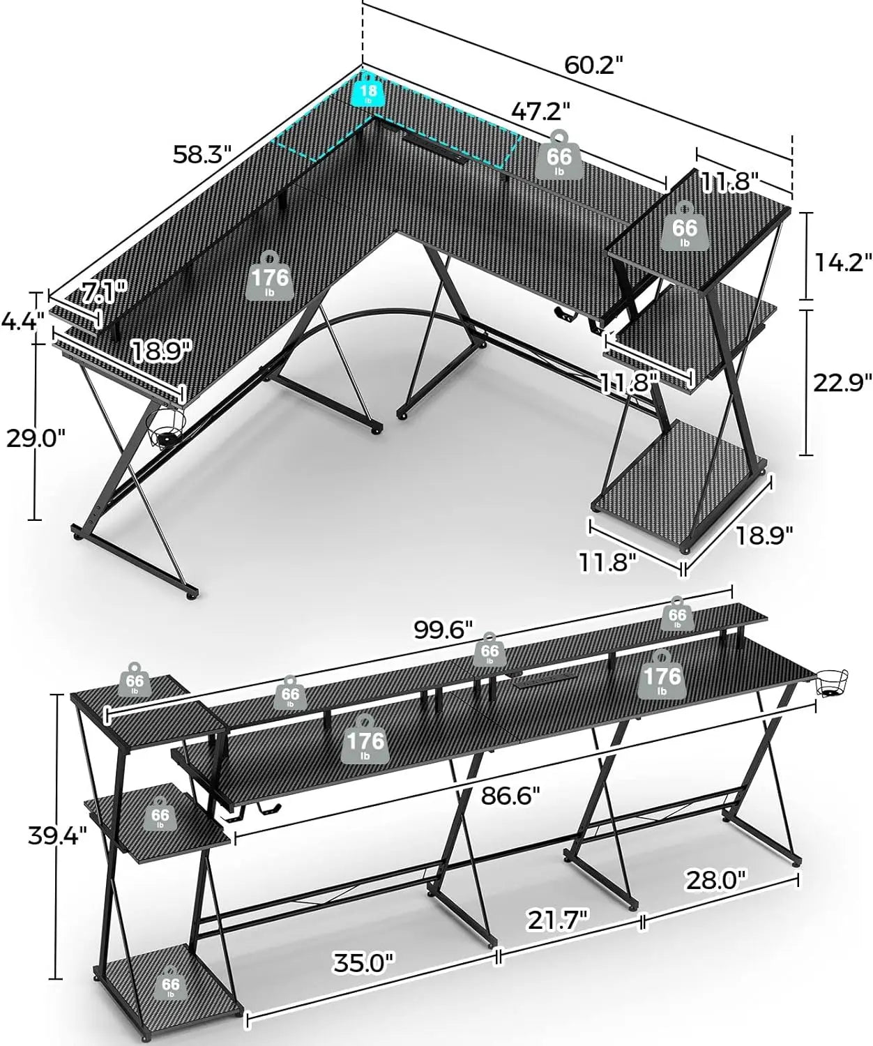 L Shaped Gaming Desk with LED Lights & Power Outlets,50” Reversible Computer Desk with Storage Shelf & Monitor Stand,Corner Desk