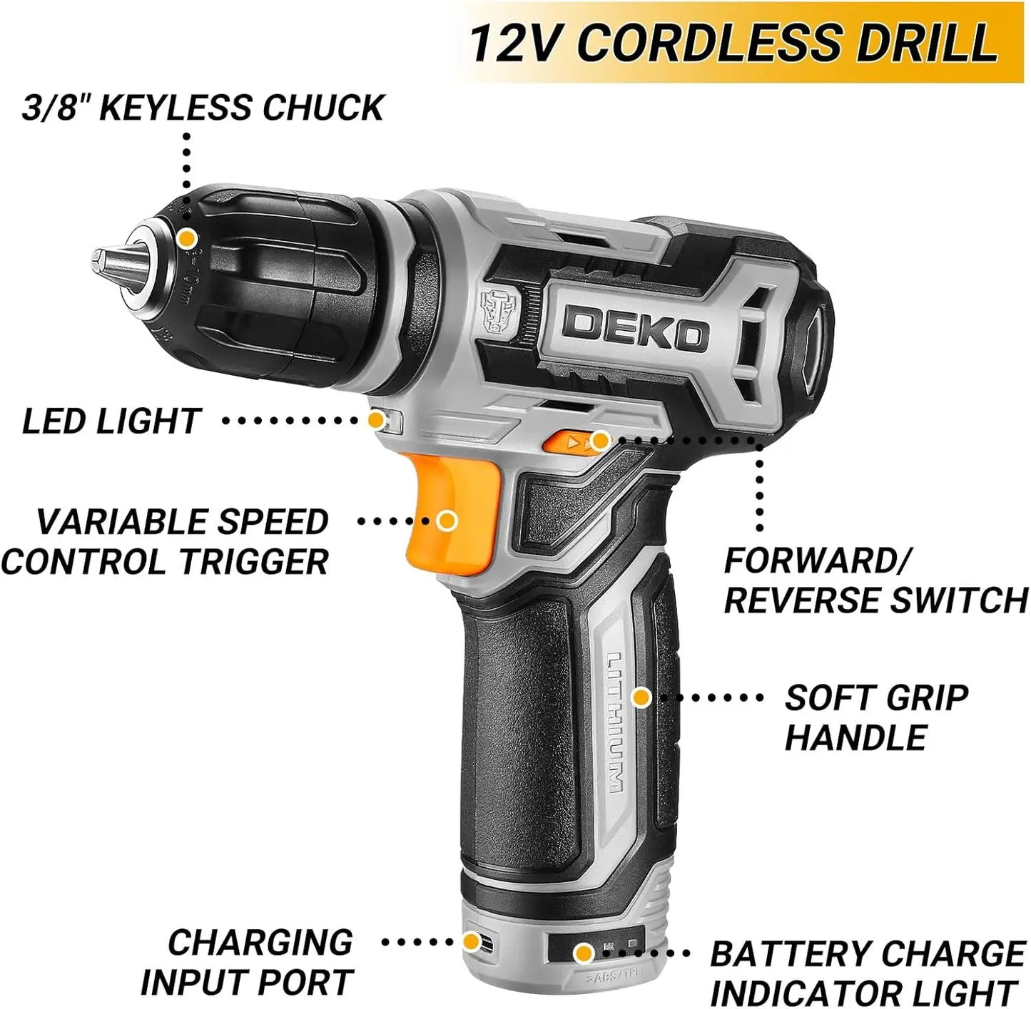 Kit Box Drill Set：DEKOPRO Home Mechanic Toolbox with 12V Power Cordless Drill Hand Repair Tools Sets Combo Kits Storage Org