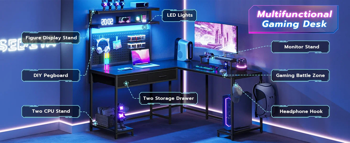 L Shaped Gaming Desk, with LED Lights, Pegboard and Drawers, Computer Desk with Monitor Stand Storage Shelves, Home Corner Desk