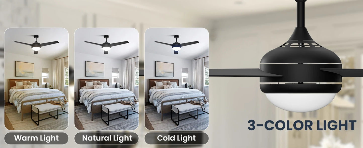 LUNA 52" Ceiling Fan with Light & Remote Control,3 Wood Blades, 6-Speed, Timer, 3 CCT, for Bedroom Living Room Kitchen